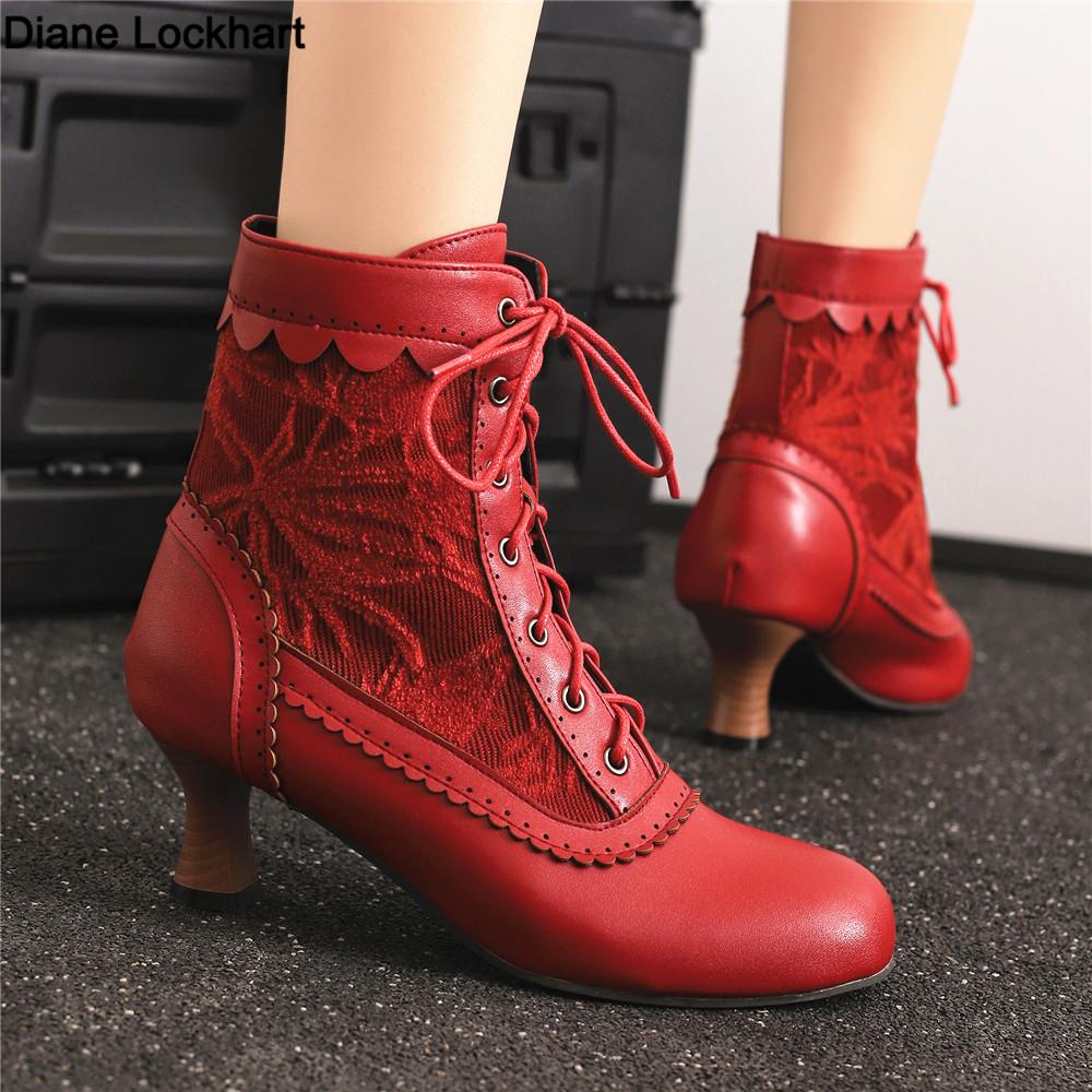 New Lace Up Ladies High Heel Shoes Strange Steampunk Boot Victorian Ankle Boots Women Pointed Toe Thick Soled Short Boots