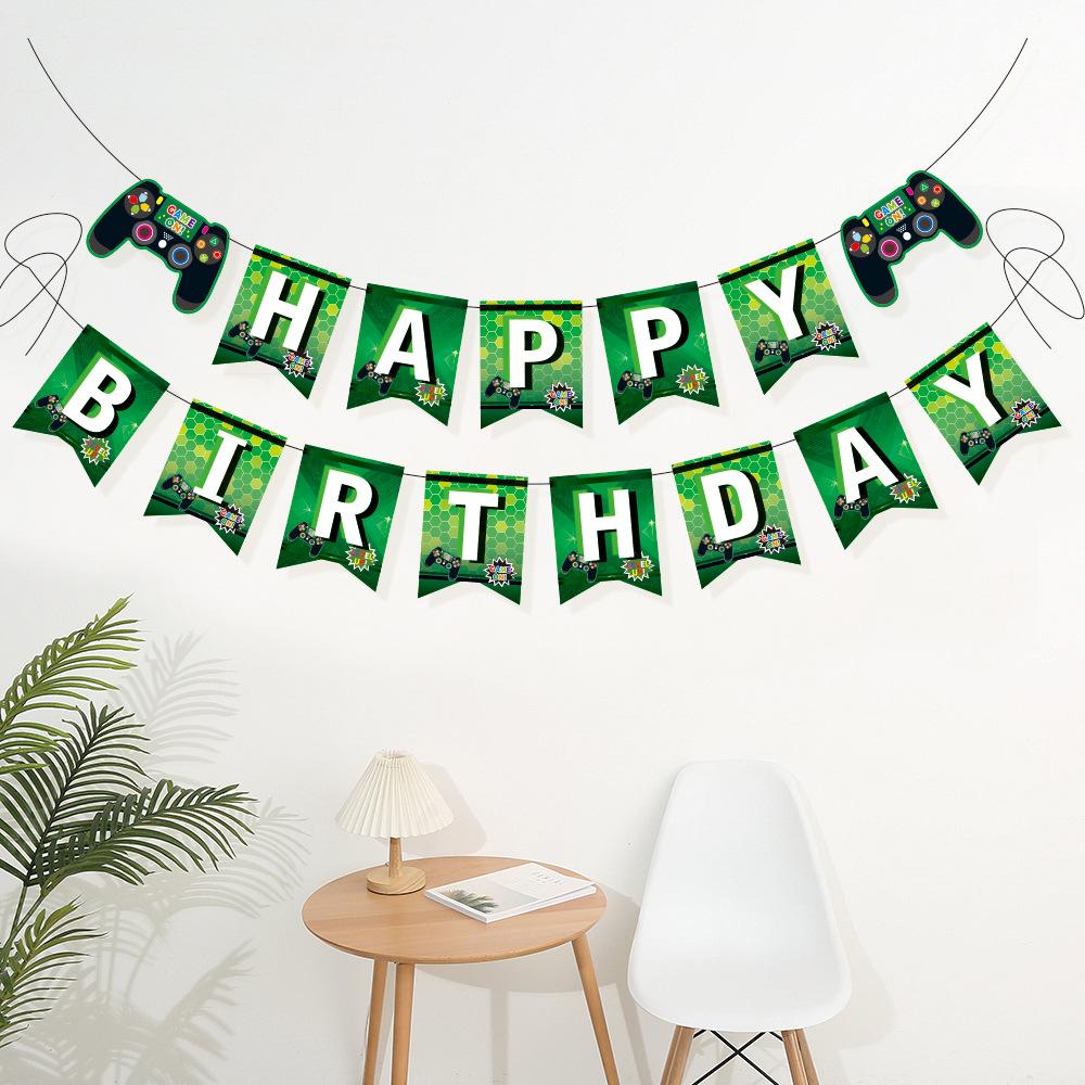 Gamepad Birthday Pull Flag GAME ON theme Happy Birthday Party Children Holiday Gift Decorated Banner Blue Game Dpiral Ribbon