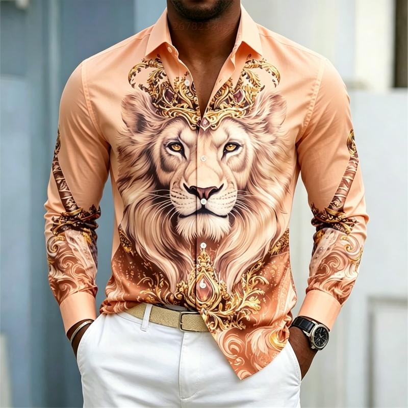 Camicia da uomo a maniche lunghe con colletto camicia Stampa Re Leone camicia business casual alla moda casual taglia grande vestibilità aderente top da uomo