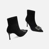 Pointed Skinny Boots Fleece Black Suede Rhinestone Elastic Boots Skinny Heel Short Boots Women