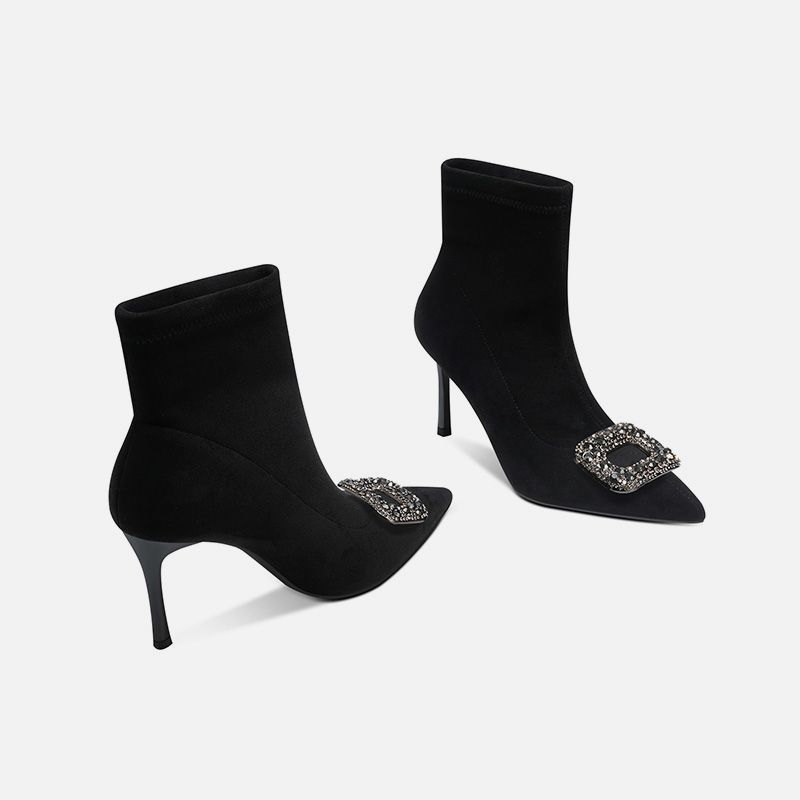 Pointed Skinny Boots Fleece Black Suede Rhinestone Elastic Boots Skinny Heel Short Boots Women