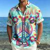 Men's Short Sleeved Shirt with Lapel Collar, Retro Guitar and Peace Logo Printed Shirt, Hippie Style Music Floral Printed Top