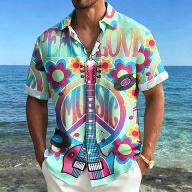 Men's Short Sleeved Shirt with Lapel Collar, Retro Guitar and Peace Logo Printed Shirt, Hippie Style Music Floral Printed Top