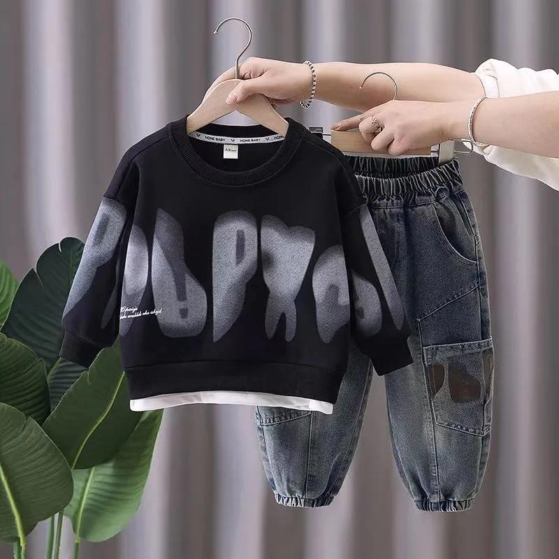 Children s Set Stylish Sweatshirt for Spring and Autumn Handsome and Casual for Boys 90(Top + Pants) чёрный