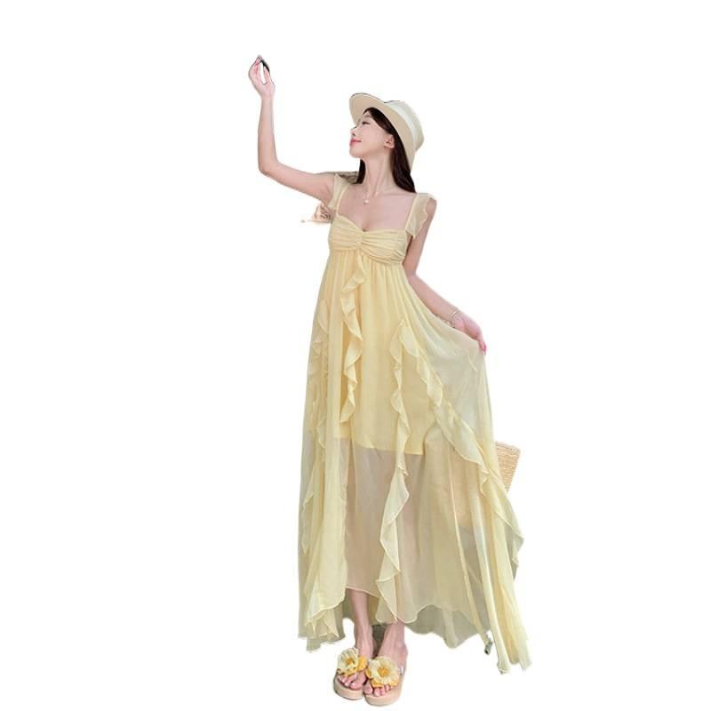 French Yellow Suspender Tube Top Dress Women's Summer Seaside Vacation Irregular Beach Long Skirt