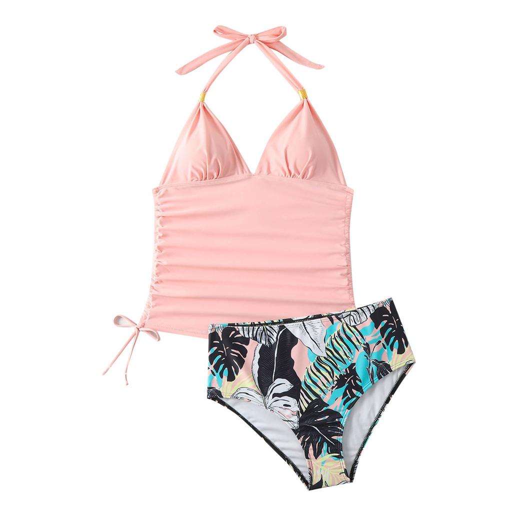 Damen Badeanzug mit bedruckten Trägern, Schlitz, Neckholder, plissiert, sexy, tief ausgeschnitten, Push-up, einfarbig, Bademode für Strand und Pool, Bikini 2024 Trend