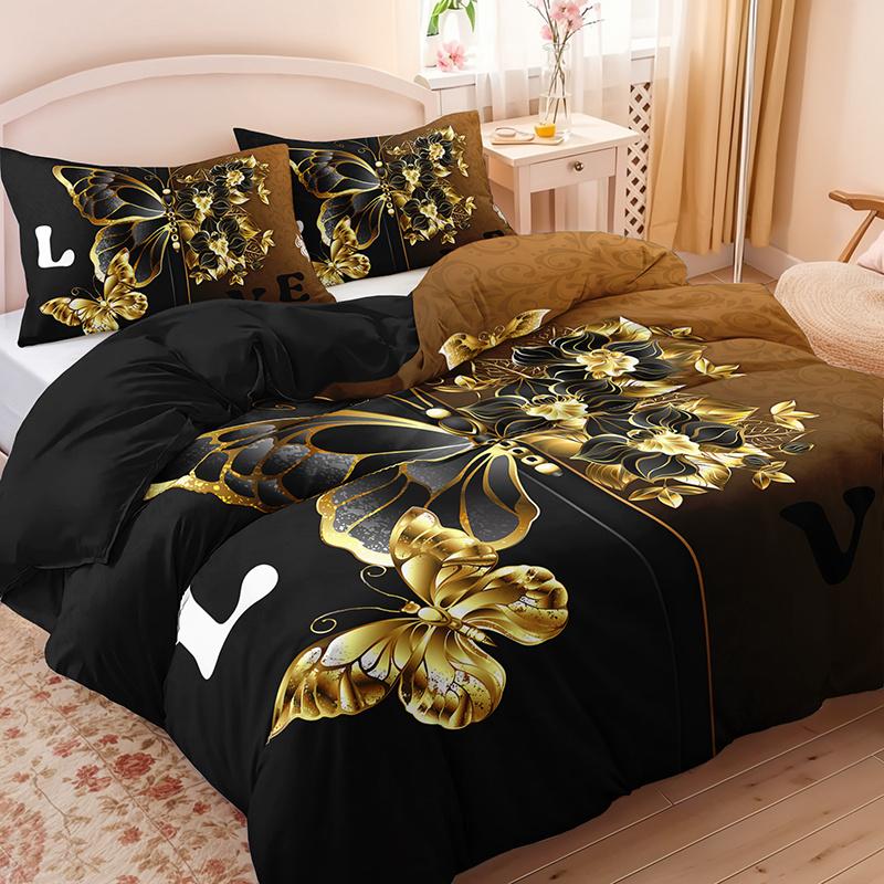 3Pcs Luxury Golden Butterfly Floral Bedding Duvet Cover Set Romantic Love Butterfly Bedding Quilt Set Black Golden Butterfly