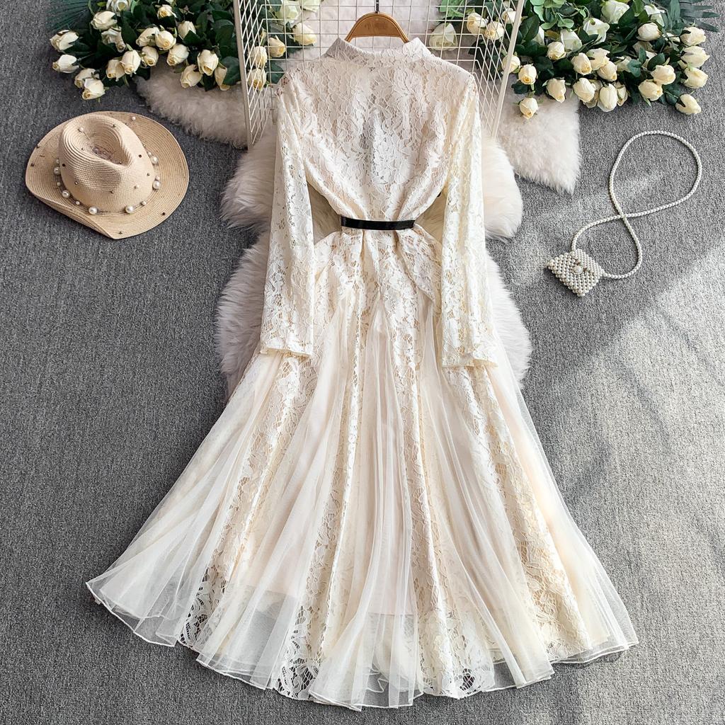 High-end chic elegant celebrity lace lapel dress women's autumn mesh stitching light luxury pendulum fairy dress