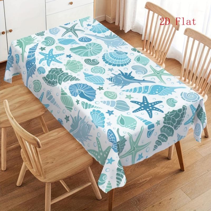 2D Flat 1pc - Summer Ocean Shellfish Starfish Rectangular Tablecloth, Washable Tablecloth for Kitchen, Dining Room, for Party Dinner Table Cover
