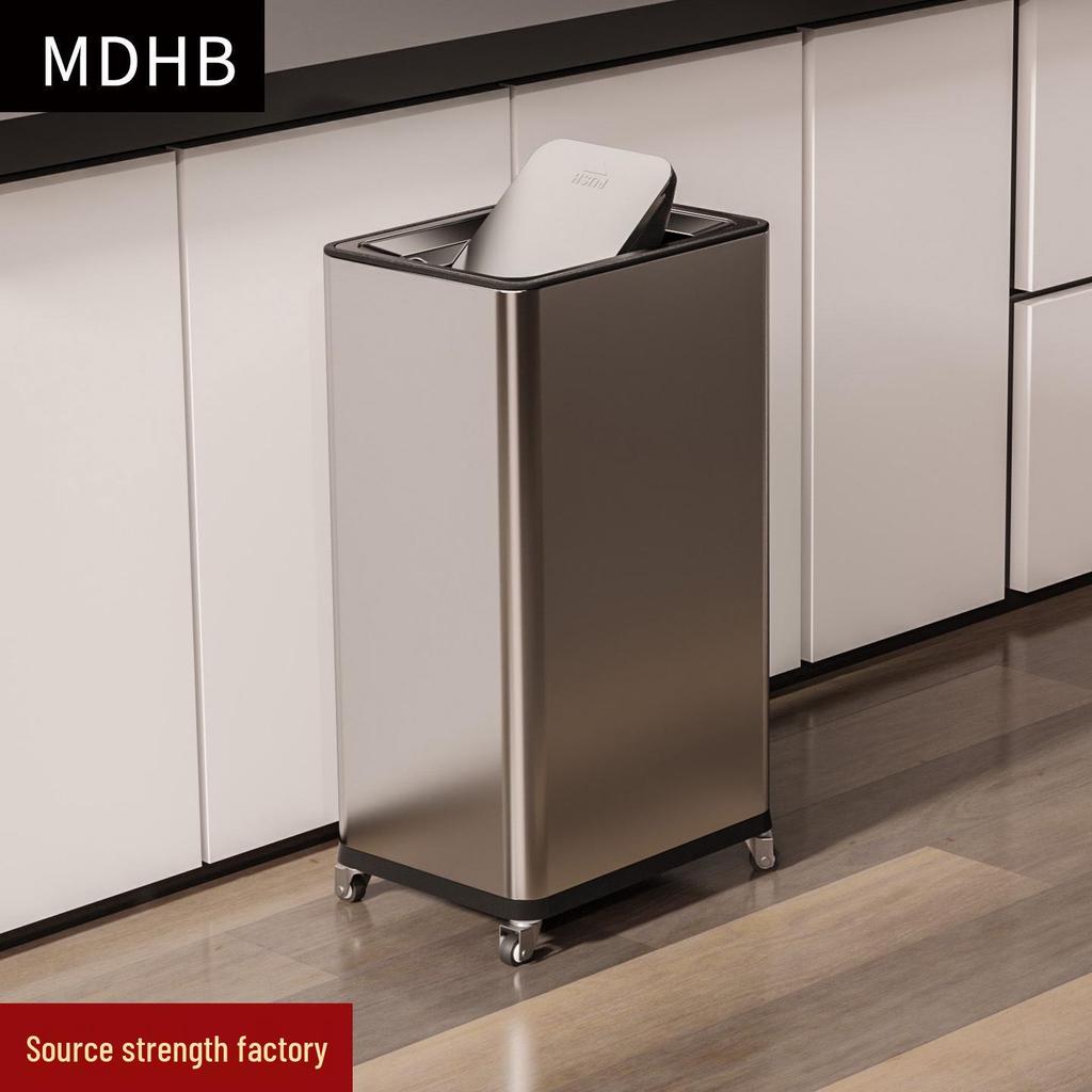 Einfacher Moderner Edelstahl-Mülleimer mit Rädern – Vertikaler Klappdeckel, Quadratisches Design für Küche & Wohnzimmer