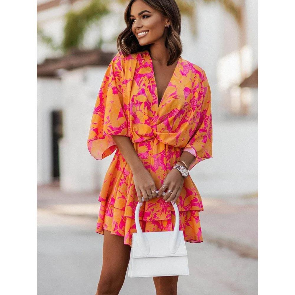 Damska Falbaniasta Sukienka na Imprezę Plażową Vestidos Kobiety Seksowne Mini Sukienki z Dekoltem V Letnie Boho Codzienne Sukienki z Kwiatowym Wzorem i Rękawami Nietoperzowymi