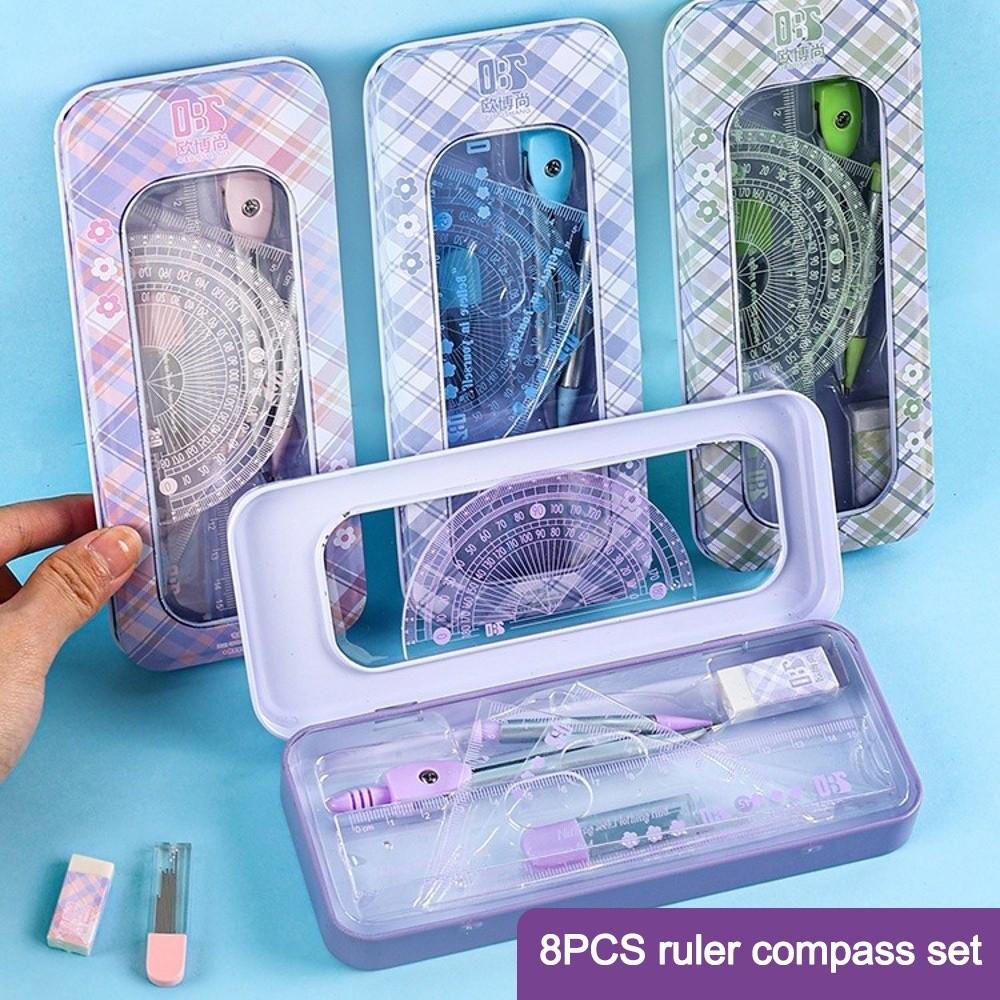 8PCS Eraser Protractor Plastic Triangle Ruler Portable Ruler Compasses Set  School Office