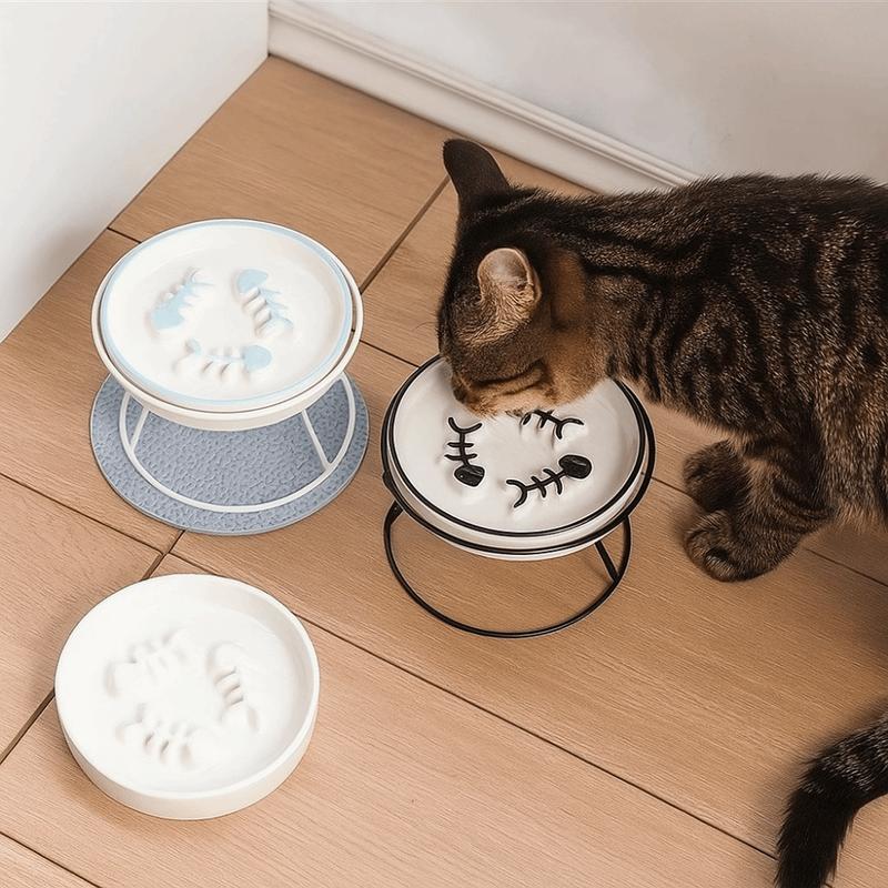 High-Foot Ceramic Raised Pet Bowl Large Diameter Neck Guard Slow Feeder Bowl Flat Face Cat Water Bowl Against Bloat
