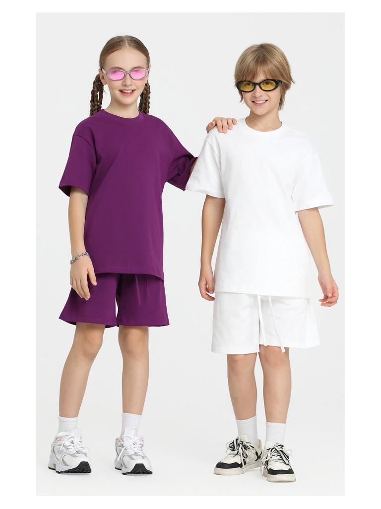 LVLV American Brand Trendy 275g Pure Cotton Loose T-shirt and Sports Shorts Set for Men, Women, and Kids.