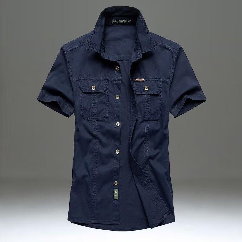 Men Multi Pockets Tooling Shirts Summer Short Sleeve Shirts High Quality Men Cotton Casual Shirts Size 5XL