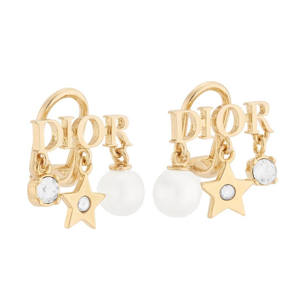 Dior White Pearl Crystal Logo Gold Clip 925 Silver Ear Clips Unisex ear clips E1680DVORS_D301