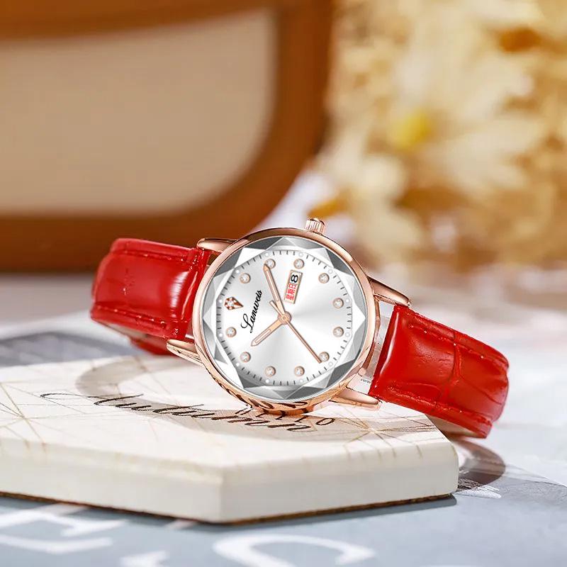 Diamond-Shaped Women's Quartz Watch with Leather Strap, Waterproof, and Suitable for Students and Couples.