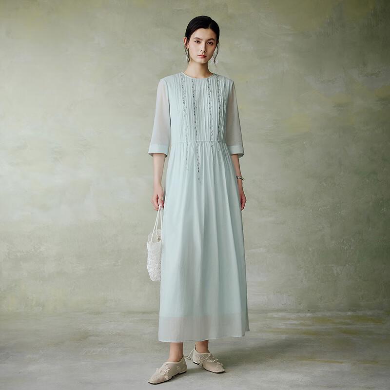 Life In Left Light Blue Pleated Lace Tassel Long Dress