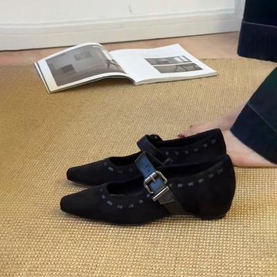 Chaussures Mary Jane rétro noires à bride unique, rehausseur de talon intérieur, niche, bout carré, daim, petites chaussures simples