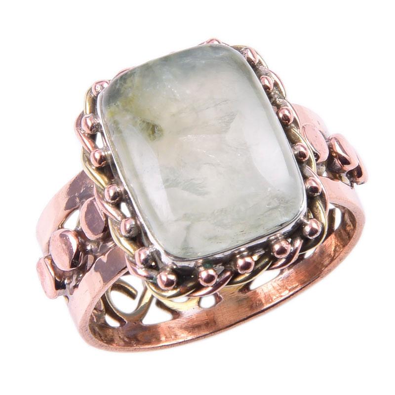 Natural Prehnite Gemstone Handmade 925 Sterling Silver Two Tone Ring Size 9 y8Z62