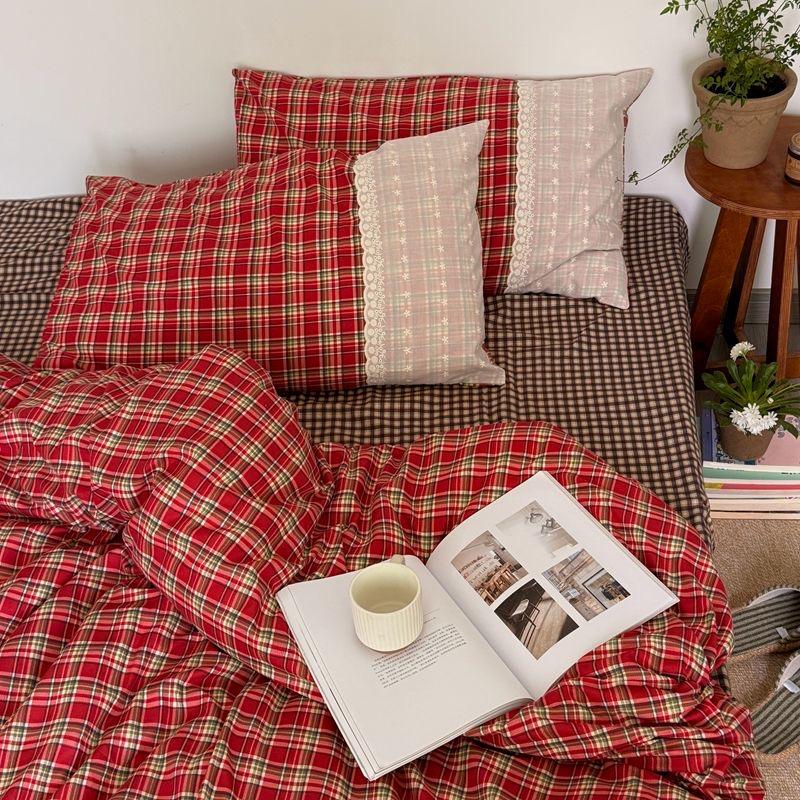 INS Girls Retro Red Grid Bedding Sets  New Lace Bed Sheet Set Women Plaid Queen Size Duvet Cover Sets With Pillowcases