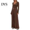 Stilvoller lockerer Damenanzug Damen 2-teiliges Loungewear-Set V-Ausschnitt Langarm-Oberteil Einfaches einfarbiges Outfit Und Weitbeinige Hosen Set Frühling Herbst Freizeit