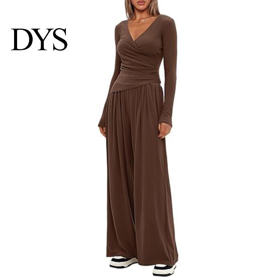 Stilvoller lockerer Damenanzug Damen 2-teiliges Loungewear-Set V-Ausschnitt Langarm-Oberteil Einfaches einfarbiges Outfit Und Weitbeinige Hosen Set Frühling Herbst Freizeit