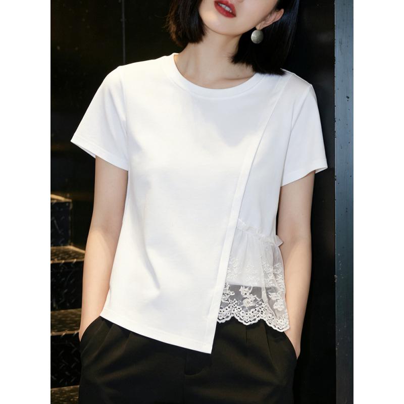 Plus Size Women s Cotton Lace Patchwork Short Sleeve Round Neck Slimming T-shirt S