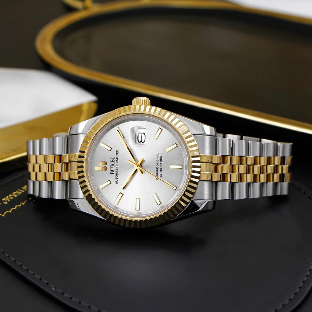 BUREI Men's Classic Luxury Automatic Watch Stainless Steel Waterproof Double Dial Sapphire Crystal Silver Dial Fashion