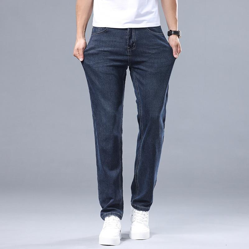 Blugi de vară din mătase gheață subțire elastici pentru bărbați, pantaloni drepți, vrac, mari, elastici, de afaceri, casual