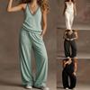 Women Sleeveless V Neck Wide Leg Pants Set Casual Loose Fit Solid Color Summer Jumpsuit Alternative Two Piece Set