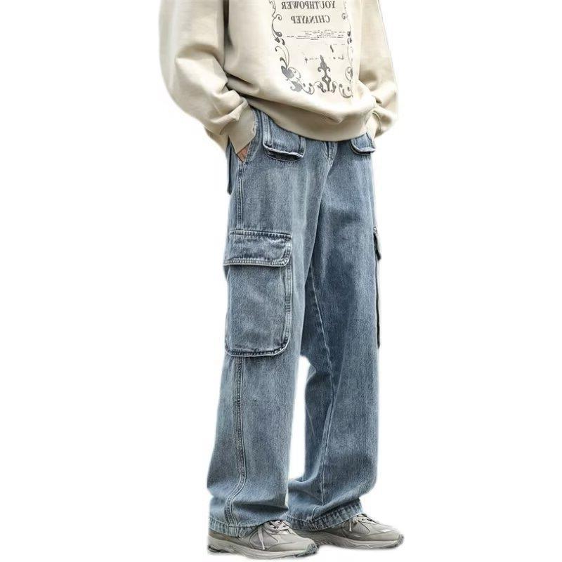 Men's Japanese Retro Workwear Denim Jeans - Multi-Pocket, Loose Fit, Straight Wide Leg, Trendy High Street Style, Blue.
