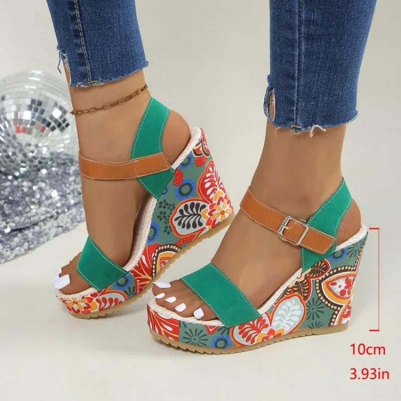 

Босоножки на танкетке женские туфли на высоком каблуке принт случайные туфли на платформе новые летние модные туфли-лодочки прогулочное платье 38