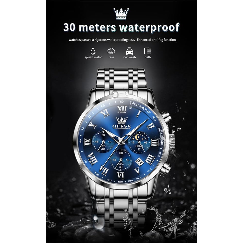 OLEVS Multifunction Men's Watch Stainless Steel Classic Quartz Analog Waterproof Date Luminous Fashion Timepiece
