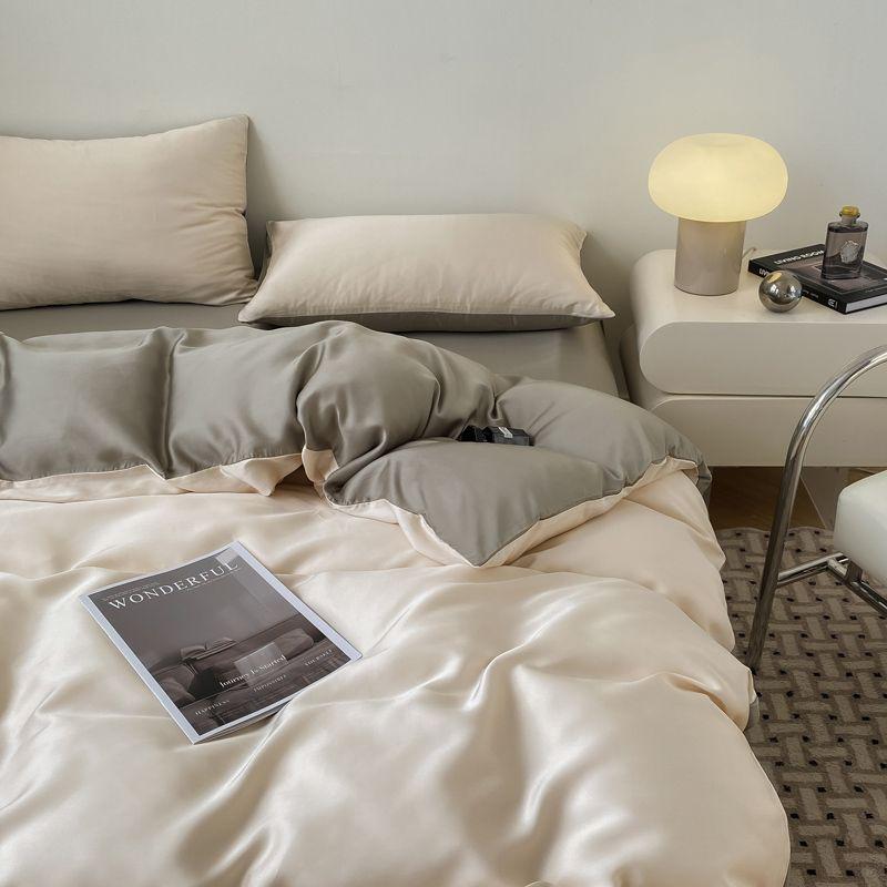 Summer Bedding Set Luxury Ice Silk Four Piece Set, Washed Silk Bed Sheet and Quilt Cover Set Summer Cool Feeling Soft Smooth