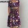IHUASU 30 Color Pleated Midi Dress Short Sleeve Round Neck Loose Hem Mid-Calf Length Women Floral A-Line Party Dress Casual Wear