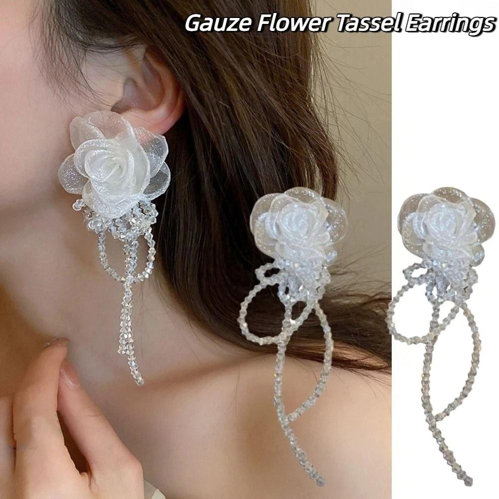 Light Luxury Tassel Earrings Silver Needle Crystal Dangle Earrings Gauze Flower Earrings  Women