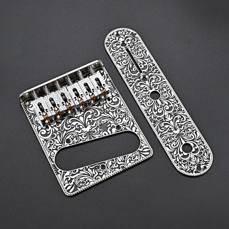 Vintage Carved Pattern Guitar Roller 6-Saddle Bridge and 3-Way Switch Control Plate Set for 6 String Electric Guitars