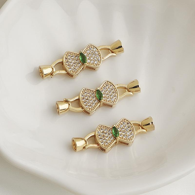 14K Gold-Filled Zircon Bow Connector Clasp with Fan-shaped Pearl for DIY Jewelry Accessories