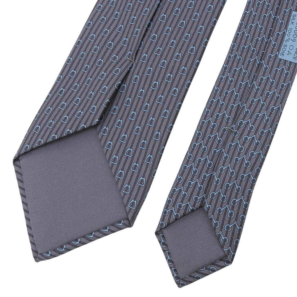 Excellent HERMES tie Horse tack motif all-over pattern gray silk mens Used