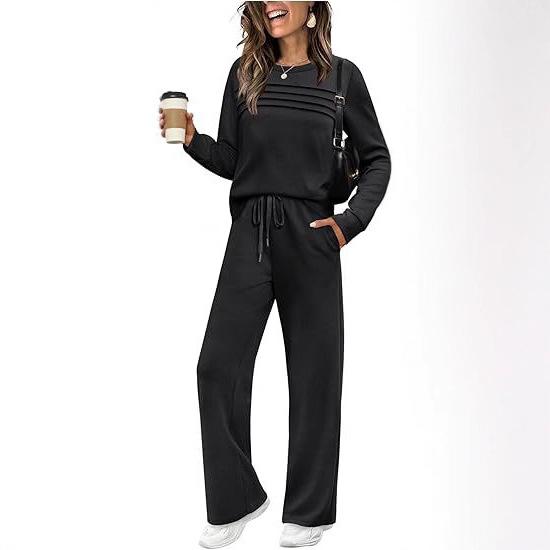 Dark Grey Ribbed Knit Two-Piece Set with Drawstring Waist Pants
