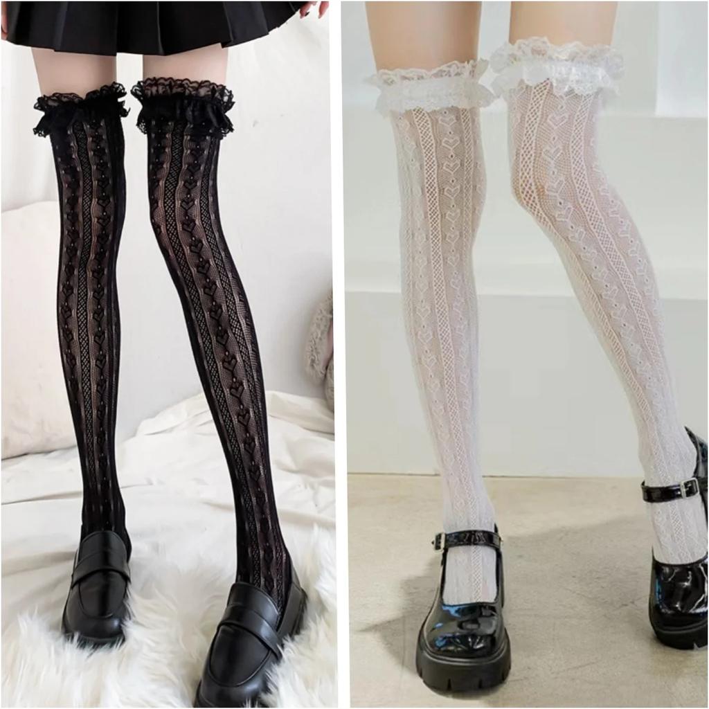 Spring Autumn Thin Lace Hollow White Thigh High Lolita Socks For Women Jk Cute Black Long Stockings