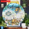 2D Flat 20*20cm1pc Welcome Seaside Vacation Travel Scene Blue wreath&Recliner Patterns Front Door Sign, Summer Door&Pediment&Holiday Hotel&Beach
