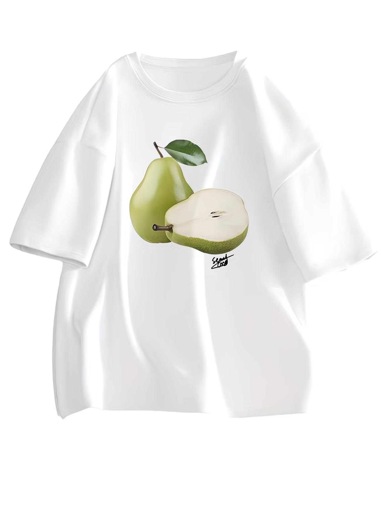 

Cute Green Pear Fruit Print TShirt WOMEN Summer Fresh Graphic Tee Fashion White Short Sleeve Top Casual Female Clothing S