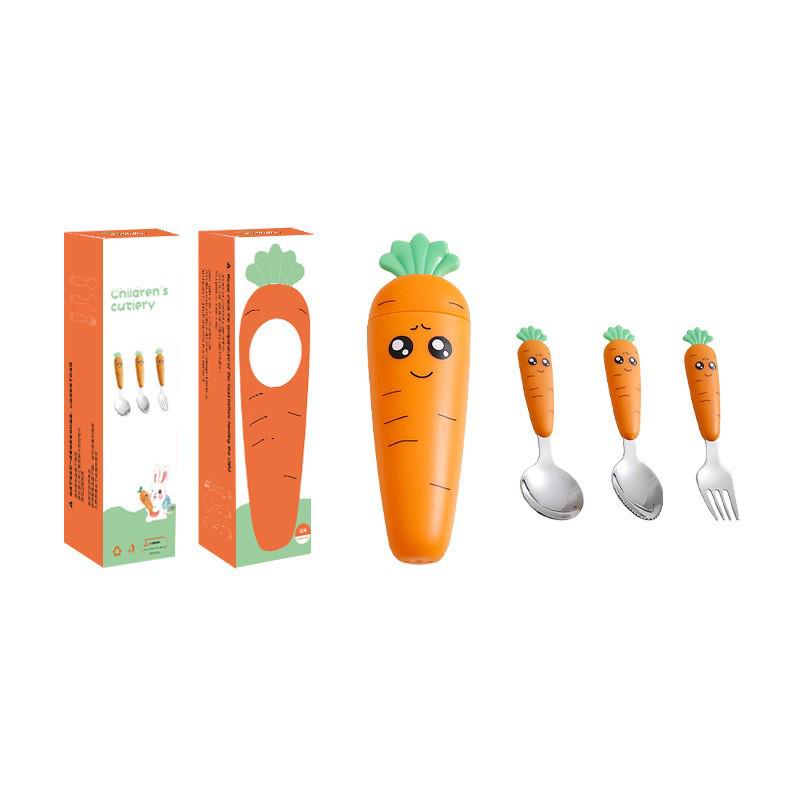 Children's Cartoon Radish Stainless Steel Tableware Set - Spoon, Fork, and Scraper with Portable Case.
