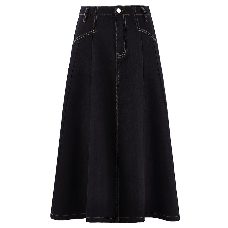 Qushuiyiren 2026 Spring Classic Mid-High Waist Contrast Stitch Denim Skirt L