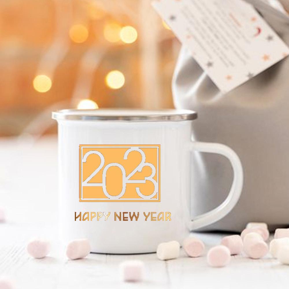 Happy New Year Print Mugs Enamel Coffee Cups Handle Hot Cocoa Chocolate Cup Children Breakfast Milk Mug Holiday Gift for Family