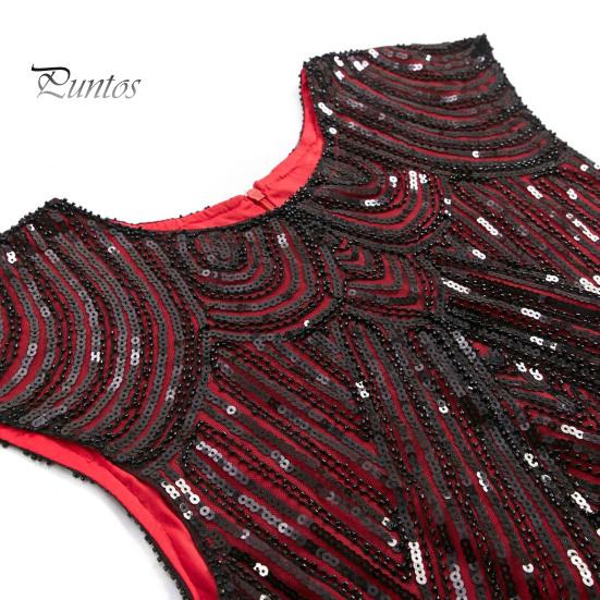 Vestito da sera vintage con paillettes da donna, senza maniche, scollo tondo, chiusura lampo posteriore, orlo con frange, a tubino, vestibilità aderente