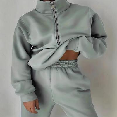 Europäischer & Amerikanischer Stil Lässiger Strickfleece mit Reißverschluss Sweatshirt & Sweatpants Damen Zweiteiler