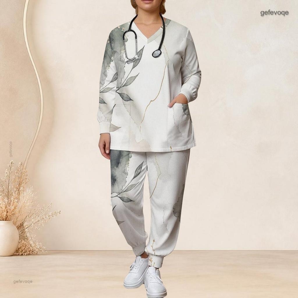Women Plus Size Abstract Printed V Neck Long Sleeve Nurse Scrub Set With Pockets Two Piece